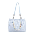 Elegant light blue tote bag featuring heart pattern texture and colorful beaded handle - With Pendant / Blue