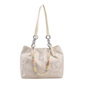 Elegant cream tote bag with heart-embossed pattern and colorful beaded chain handle - With Pendant / Off White