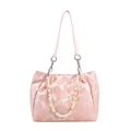 Sweet pink tote bag featuring a delicate heart pattern and colorful beaded chain accessory - With Pendant / Pink