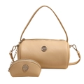 Bolso cilíndrico beige minimalista con logotipo plateado y monedero pequeño a juego - Amarillo claro