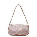 Elegant beige underarm bag with pink floral sequin embroidery and brown leather strap - Pink