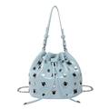 Light blue bucket bag with silver studs and chain strap in glossy faux leather finish - Blue