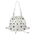 White drawstring bucket bag with silver studs and chain strap in glossy leather - White