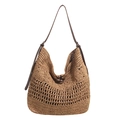 Große geflochtene Hobo-Tasche mit Lochmuster und dunkelbraunem Leder-Schultergurt - Khaki