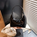 Minimalist black patent leather bucket bag with silver chain strap and top handle - Black (Without Pendant)