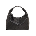 Elegant black woven leather hobo handbag with silver buckle and braided texture finish - Black