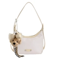 Schicke beige Halbmond-Schultertasche mit einem süßen braunen Teddybär-Plüschanhänger - Mit Anhänger / Weiß