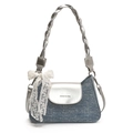 Vintage blue denim underarm bag with silver braided strap and lace bow charm - Dark Blue