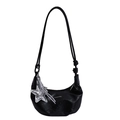 Black leather croissant shoulder bag with silver star charm and white printed text - With Pendant / Black