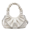 Borsa a mano bianca in pelle increspata con catena di perle e manico plissettato - Bianco Sporco