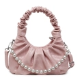 Borsa a mano rosa plissettata a nuvola con catena di perle e manico con arricciature - Rosa