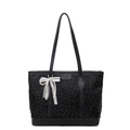 Black polka dot tote bag with lace pearl bow charm and butterfly textured finish - With Pendant / Black