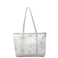 White tote bag with silver butterfly embroidery, sequins, and pearl bow charm - With Pendant / Silver