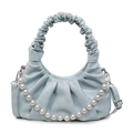 Light blue ruched handbag with glossy texture and elegant pearl chain strap decoration - Blue