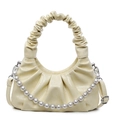 Cream yellow pleated handbag with decorative pearl chain and adjustable strap - Yellow