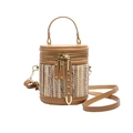 Regenbogen-Web-Eimertasche mit braunem Lederbesatz und goldenen Beschlägen - Khaki
