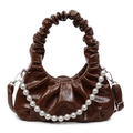 Dark brown pleated pearl handbag in shiny PU leather with adjustable crossbody strap - Coffee