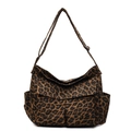 Bolso bandolera de lona con estampado de leopardo, bolsillos frontales y correa ajustable - Café (Leopardo)