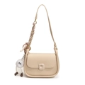Beige square saddle bag with pink striped silk scarf and cute plush pendant - Off White