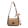 Khaki square shoulder bag with dark brown trim and striped silk scarf handle accent - Khaki