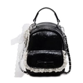 Mini black pleated bucket backpack with white lace trim and bow accent details - Black