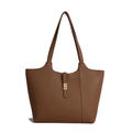 Brown lychee leather tote bag with long shoulder straps and gold square hardware - Brown
