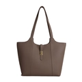 Deep khaki lychee grain leather tote bag with large capacity and golden metal buckle - Gray