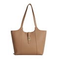 Brown textured leather tote bag with long double handles and gold twist lock closure - Light Khaki