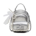 Silver bucket backpack with metallic texture, lace trim and pearl heart charms - Silver