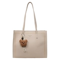 Borsa tote beige in finta pelle con ciondolo a forma di orsetto marrone e testo moda - Bianco Sporco