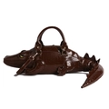 Deep brown crocodile shaped handbag made of glossy PU leather with 3D animal features - Brown