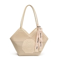 Borsa tote traforata color albicocca con design punzonato e nastro decorativo a lettere - Bianco