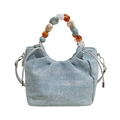 Borsa a secchiello in denim azzurro con strass luccicanti e manico di perline - Blu