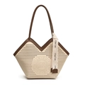 Borsa tote in pelle beige traforata con manici marroni e nastro decorativo chic - Bianco e Marrone