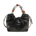 Glossy black patent leather bucket bag with unique large multi-color bead handle - Black