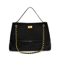 Schwarze Stepptasche im Retro-Stil mit Wildleder-Kontrasten und goldener Kettenriemen - Schwarz