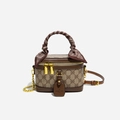 Vintage brown monogram vanity bag with silk scarf handle and golden chain strap - Gray