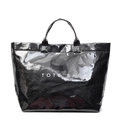 Bolso tote grande negro brillante con textura arrugada y letras TOTE BAG blancas - Negro