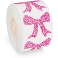 Adesivi a fiocco rosa glitterati in rotolo da 500 per confezioni regalo e sigillatura - Fiocco Rosa Glitterato (ZB21) / 3cm/500pz