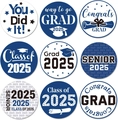 Close-up of 9 designs of Class of 2025 graduation stickers for envelopes and gifts - Navy Blue (ZB22) / 2.5cm