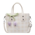 Creamy white checkered mini bucket bag with purple tulip charms and silk ribbon - Off White