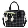 Black and gray checkered bucket bag with tulip charms and adjustable leather strap - Black
