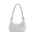 Checkered plaid shoulder bag in beige and white with thick woven strap and flap - White