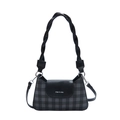 Gray plaid crossbody bag with black braided handle and silver metal hardware accents - Black