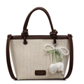 Retro beige geflochtene Beuteltasche mit braunem Lederbesatz und Perlenanhänger - Mit Anhänger / Braun