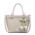 Rosa und beige Stroh-Eimertasche mit Tulpenanhänger aus Perlen und Ledergriffen - Mit Anhänger / Rosa