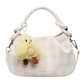 Beige checkered handbag with pleated handle and cute plush charm in PU leather - Off White