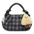 Pleated black and grey checkered handbag with yellow plush charm and crossbody strap - Black