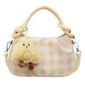 Chic beige checkerboard pleated handbag with cream knot handle and cute plush charm - Yellow
