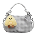 Silver checkered handbag with metallic pleated texture and cute yellow plush charm - Silver